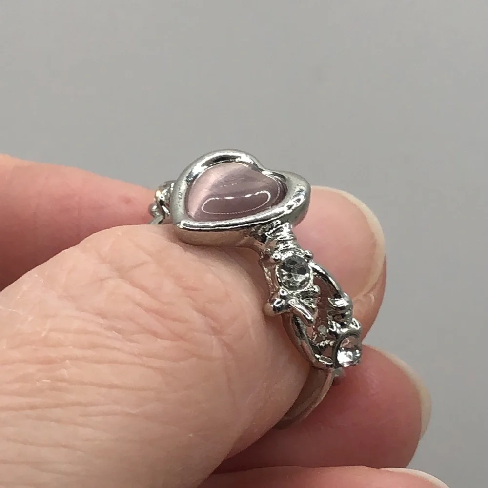 3/$25 Chunky Pink Heart Adjustable Ring Rhinestones Brutalist Whimsigoth